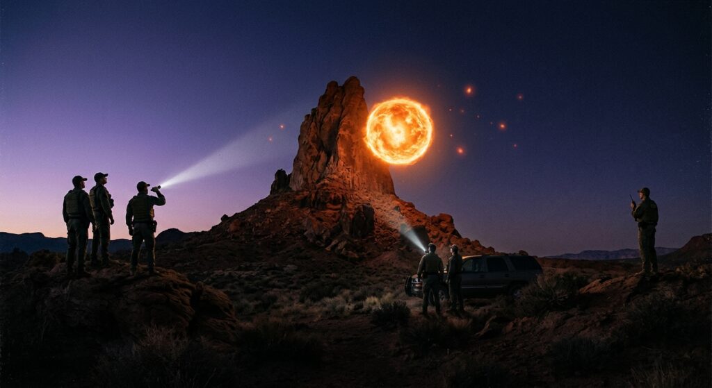 A dusky desert landscape at twilight beneath a vast dark sky, a glowing orange spherical orb hovering silently near a jagged rocky pinnacle, its intense light radiating outward like a molten eye without a pupil, faint smaller reddish orbs drifting near it. In the distance, three separate silhouetted groups of federal agents in tactical gear stand at different vantage points, each looking up in awe, their flashlight beams cutting through the dark air, emphasizing independent yet simultaneous observation. The scene is rendered in a cinematic, hyper-realistic documentary style with dramatic chiaroscuro lighting, deep shadows, and a mysterious, tense atmosphere evoking classified government investigation photography. Wide-angle composition, film-grain texture, muted desaturated color palette with striking orange and red glow accents, high detail, editorial photojournalism aesthetic.