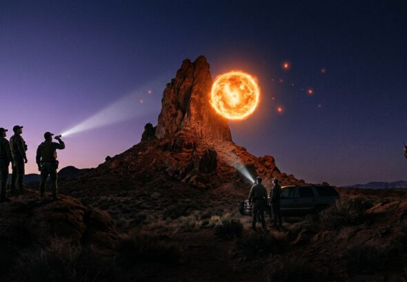 A dusky desert landscape at twilight beneath a vast dark sky, a glowing orange spherical orb hovering silently near a jagged rocky pinnacle, its intense light radiating outward like a molten eye without a pupil, faint smaller reddish orbs drifting near it. In the distance, three separate silhouetted groups of federal agents in tactical gear stand at different vantage points, each looking up in awe, their flashlight beams cutting through the dark air, emphasizing independent yet simultaneous observation. The scene is rendered in a cinematic, hyper-realistic documentary style with dramatic chiaroscuro lighting, deep shadows, and a mysterious, tense atmosphere evoking classified government investigation photography. Wide-angle composition, film-grain texture, muted desaturated color palette with striking orange and red glow accents, high detail, editorial photojournalism aesthetic.