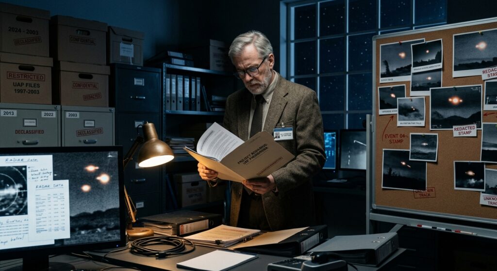 A photorealistic editorial image of a dimly lit government archive room at night, rows of metal filing cabinets and declassified document boxes stamped with redacted stamps, scattered infrared surveillance photographs and grainy military footage stills depicting glowing orange orb-like aerial phenomena pinned to a corkboard wall. In the foreground, an open folder reveals blurred black-and-white radar images and thermal "black-hot" anomaly footage on a computer monitor. A distinguished older male astrophysicist in a tweed jacket stands thoughtfully examining the documents, illuminated by the cold blue glow of monitors and a desk lamp, evoking scientific scrutiny and cautious wonder. The background shows a large window with a night sky full of stars, subtly suggesting the mystery of the unknown. The mood is serious, investigative, and cinematic, with a muted color palette of navy blues, grays, and amber lamp light, in the style of a high-end documentary photograph.