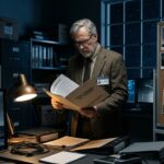 A photorealistic editorial image of a dimly lit government archive room at night, rows of metal filing cabinets and declassified document boxes stamped with redacted stamps, scattered infrared surveillance photographs and grainy military footage stills depicting glowing orange orb-like aerial phenomena pinned to a corkboard wall. In the foreground, an open folder reveals blurred black-and-white radar images and thermal "black-hot" anomaly footage on a computer monitor. A distinguished older male astrophysicist in a tweed jacket stands thoughtfully examining the documents, illuminated by the cold blue glow of monitors and a desk lamp, evoking scientific scrutiny and cautious wonder. The background shows a large window with a night sky full of stars, subtly suggesting the mystery of the unknown. The mood is serious, investigative, and cinematic, with a muted color palette of navy blues, grays, and amber lamp light, in the style of a high-end documentary photograph.