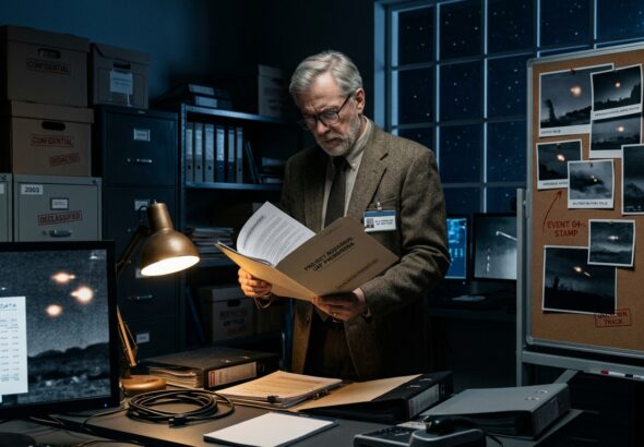 A photorealistic editorial image of a dimly lit government archive room at night, rows of metal filing cabinets and declassified document boxes stamped with redacted stamps, scattered infrared surveillance photographs and grainy military footage stills depicting glowing orange orb-like aerial phenomena pinned to a corkboard wall. In the foreground, an open folder reveals blurred black-and-white radar images and thermal "black-hot" anomaly footage on a computer monitor. A distinguished older male astrophysicist in a tweed jacket stands thoughtfully examining the documents, illuminated by the cold blue glow of monitors and a desk lamp, evoking scientific scrutiny and cautious wonder. The background shows a large window with a night sky full of stars, subtly suggesting the mystery of the unknown. The mood is serious, investigative, and cinematic, with a muted color palette of navy blues, grays, and amber lamp light, in the style of a high-end documentary photograph.