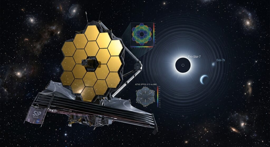 A sleek, futuristic space telescope with a large deployed golden hexagonal mirror array floats against the deep black of space, subtle starlight glinting off its segmented surface, while faint concentric rings of light representing a coronagraph's starlight suppression pattern emanate from a distant bright star being partially eclipsed in the frame. In the background, a small pale blue rocky exoplanet is faintly visible near the star's edge, rendered with soft glowing contrast lines suggesting advanced optical stabilization technology. The scene blends realistic astronomical detail with a clean, technical aesthetic—cool blue and gold tones, precise geometric structures, and a sense of vast cosmic scale. Include subtle holographic-style overlays of wavefront correction grids and mirror deformation diagrams near the telescope structure, evoking cutting-edge aerospace engineering. The composition should feel cinematic, high-resolution, and scientifically inspired, similar to conceptual NASA renderings, with dramatic lighting contrast between the telescope's structure and the deep void of space.