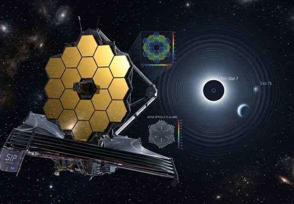 A sleek, futuristic space telescope with a large deployed golden hexagonal mirror array floats against the deep black of space, subtle starlight glinting off its segmented surface, while faint concentric rings of light representing a coronagraph's starlight suppression pattern emanate from a distant bright star being partially eclipsed in the frame. In the background, a small pale blue rocky exoplanet is faintly visible near the star's edge, rendered with soft glowing contrast lines suggesting advanced optical stabilization technology. The scene blends realistic astronomical detail with a clean, technical aesthetic—cool blue and gold tones, precise geometric structures, and a sense of vast cosmic scale. Include subtle holographic-style overlays of wavefront correction grids and mirror deformation diagrams near the telescope structure, evoking cutting-edge aerospace engineering. The composition should feel cinematic, high-resolution, and scientifically inspired, similar to conceptual NASA renderings, with dramatic lighting contrast between the telescope's structure and the deep void of space.