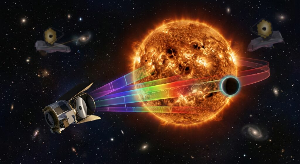 A sleek small space telescope observatory drifting in deep space, its instrument aperture aimed toward a distant star system, capturing a small rocky exoplanet in transit across the glowing limb of an active host star covered in dark starspots and bright faculae. Visualize the star's surface with textured magnetic activity patterns in orange and gold, while translucent overlapping light spectra bands in visible and near-infrared wavelengths emanate from the star toward the telescope, symbolizing multi-wavelength data correction. The exoplanet appears as a small dark silhouette with a faint atmospheric glow halo, suggesting layered gases being analyzed. In the background, other faint exoplanetary systems and a subtle representation of a larger space telescope (evoking complementary infrared observation) are visible among stars. The scene should feel scientific, precise, and awe-inspiring, rendered in a realistic yet slightly stylized astronomical illustration style, with deep cosmic blacks, warm stellar tones, and cool data-visualization blues for the light spectra, evoking cutting-edge space science and the meticulous search for the chemical signatures of life beyond Earth. No text, no logos, no labels.