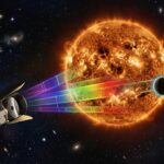 A sleek small space telescope observatory drifting in deep space, its instrument aperture aimed toward a distant star system, capturing a small rocky exoplanet in transit across the glowing limb of an active host star covered in dark starspots and bright faculae. Visualize the star's surface with textured magnetic activity patterns in orange and gold, while translucent overlapping light spectra bands in visible and near-infrared wavelengths emanate from the star toward the telescope, symbolizing multi-wavelength data correction. The exoplanet appears as a small dark silhouette with a faint atmospheric glow halo, suggesting layered gases being analyzed. In the background, other faint exoplanetary systems and a subtle representation of a larger space telescope (evoking complementary infrared observation) are visible among stars. The scene should feel scientific, precise, and awe-inspiring, rendered in a realistic yet slightly stylized astronomical illustration style, with deep cosmic blacks, warm stellar tones, and cool data-visualization blues for the light spectra, evoking cutting-edge space science and the meticulous search for the chemical signatures of life beyond Earth. No text, no logos, no labels.