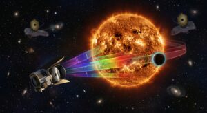 A sleek small space telescope observatory drifting in deep space, its instrument aperture aimed toward a distant star system, capturing a small rocky exoplanet in transit across the glowing limb of an active host star covered in dark starspots and bright faculae. Visualize the star's surface with textured magnetic activity patterns in orange and gold, while translucent overlapping light spectra bands in visible and near-infrared wavelengths emanate from the star toward the telescope, symbolizing multi-wavelength data correction. The exoplanet appears as a small dark silhouette with a faint atmospheric glow halo, suggesting layered gases being analyzed. In the background, other faint exoplanetary systems and a subtle representation of a larger space telescope (evoking complementary infrared observation) are visible among stars. The scene should feel scientific, precise, and awe-inspiring, rendered in a realistic yet slightly stylized astronomical illustration style, with deep cosmic blacks, warm stellar tones, and cool data-visualization blues for the light spectra, evoking cutting-edge space science and the meticulous search for the chemical signatures of life beyond Earth. No text, no logos, no labels.