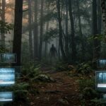Editorial photo-realistic illustration of a dense, misty New England forest at dusk, thick underbrush and towering pines in the Pachaug woodland of Connecticut, with a shadowy, ambiguous humanoid silhouette glimpsed between distant trees, partially obscured by fog and foliage. In the foreground, overlapping translucent layers of vintage television screens and smartphone frames float like ghostly windows, each displaying grainy news broadcast static and glowing "BREAKING NEWS" chyron bars (no legible text), symbolizing dozens of media outlets simultaneously covering the same story. Warm amber forest light contrasts with cool blue screen glow. Documentary-style realism blended with subtle surrealism, muted earthy greens and browns, cinematic composition, high detail, slightly grainy texture evoking trail-camera footage, no visible text or logos.