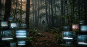 Editorial photo-realistic illustration of a dense, misty New England forest at dusk, thick underbrush and towering pines in the Pachaug woodland of Connecticut, with a shadowy, ambiguous humanoid silhouette glimpsed between distant trees, partially obscured by fog and foliage. In the foreground, overlapping translucent layers of vintage television screens and smartphone frames float like ghostly windows, each displaying grainy news broadcast static and glowing "BREAKING NEWS" chyron bars (no legible text), symbolizing dozens of media outlets simultaneously covering the same story. Warm amber forest light contrasts with cool blue screen glow. Documentary-style realism blended with subtle surrealism, muted earthy greens and browns, cinematic composition, high detail, slightly grainy texture evoking trail-camera footage, no visible text or logos.
