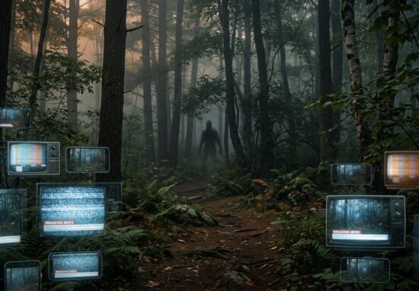 Editorial photo-realistic illustration of a dense, misty New England forest at dusk, thick underbrush and towering pines in the Pachaug woodland of Connecticut, with a shadowy, ambiguous humanoid silhouette glimpsed between distant trees, partially obscured by fog and foliage. In the foreground, overlapping translucent layers of vintage television screens and smartphone frames float like ghostly windows, each displaying grainy news broadcast static and glowing "BREAKING NEWS" chyron bars (no legible text), symbolizing dozens of media outlets simultaneously covering the same story. Warm amber forest light contrasts with cool blue screen glow. Documentary-style realism blended with subtle surrealism, muted earthy greens and browns, cinematic composition, high detail, slightly grainy texture evoking trail-camera footage, no visible text or logos.